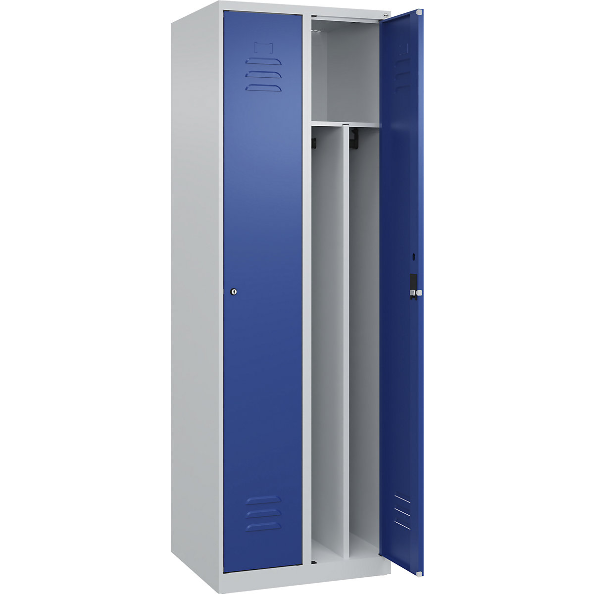 Cacifo com separação de roupa suja/limpa Classic PLUS, estreito – C+P, 2 compartimentos, divisória encurtada, cinzento claro/azul genciana, L 600 mm, com sapatas, fechadura de cilindro, divisória central-0