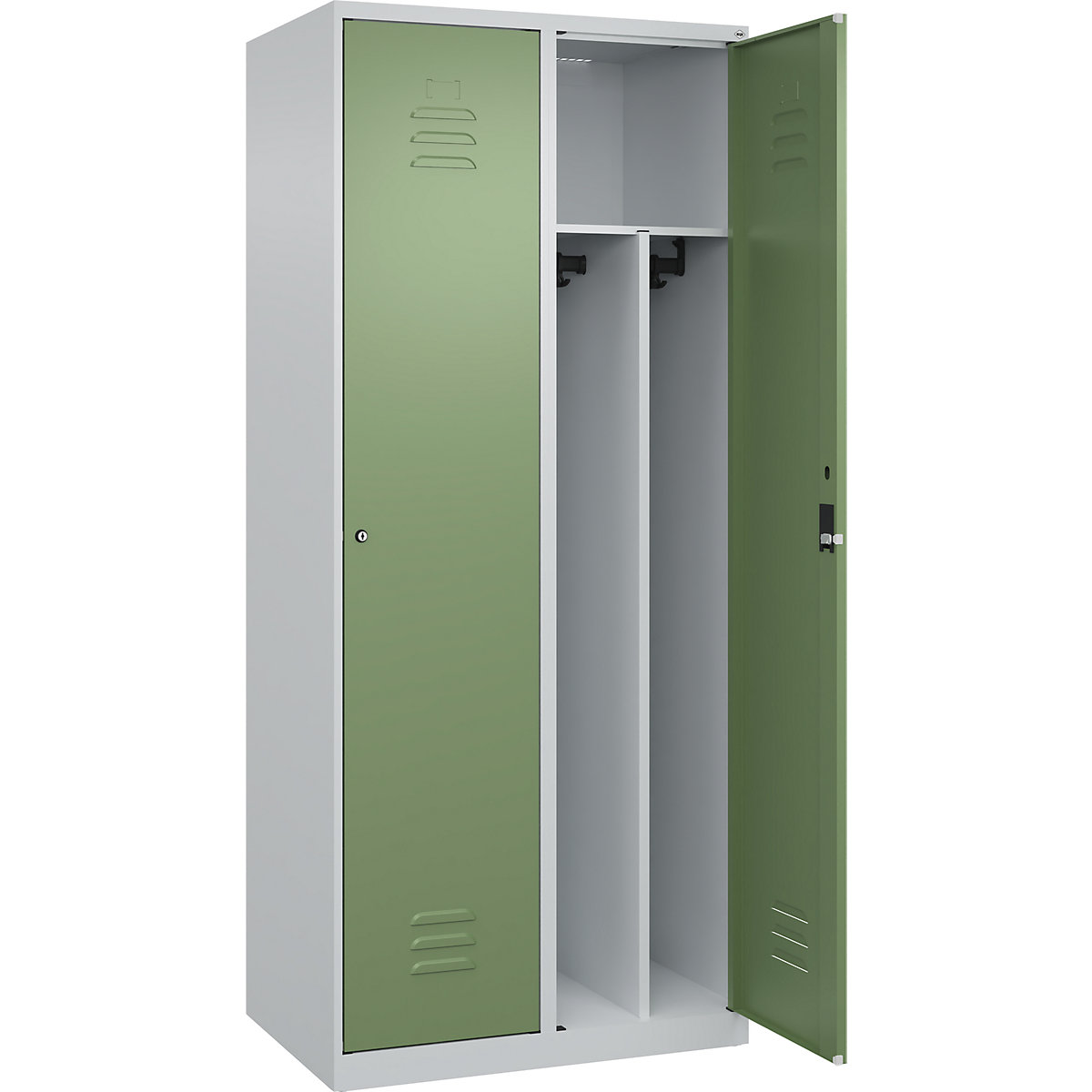 Cacifo com separação de roupa suja/limpa Classic PLUS, estreito – C+P, 2 compartimentos, divisória encurtada, cinzento claro/verde reseda, L 800 mm, com sapatas, fechadura de cilindro, divisória central-0