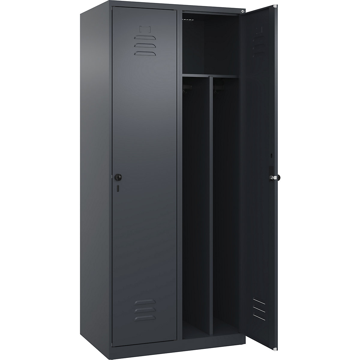 Cacifo com separação de roupa suja/limpa Classic PLUS, estreito – C+P, 2 compartimentos, divisória encurtada, cinzento, L 800 mm, com sapatas, trinco rotativo, divisória central-0