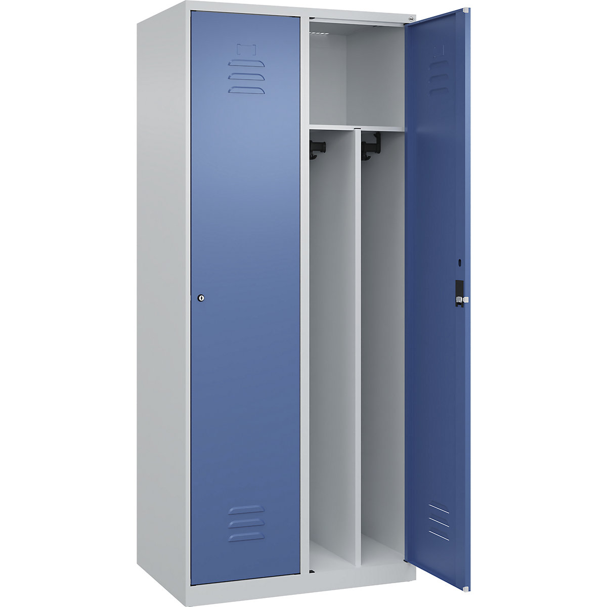 Cacifo com separação de roupa suja/limpa Classic PLUS, estreito – C+P, 2 compartimentos, divisória encurtada, cinzento claro/azul distante, L 800 mm, com sapatas, fechadura de cilindro, divisória central-0