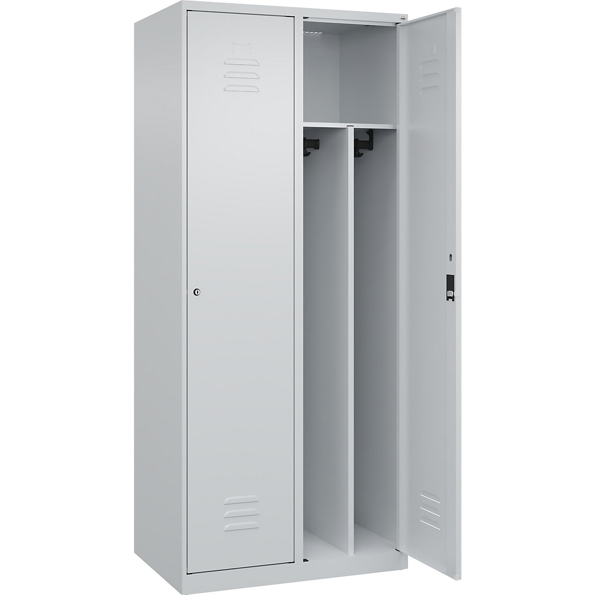 Cacifo com separação de roupa suja/limpa Classic PLUS, estreito – C+P, 2 compartimentos, divisória encurtada, cinzento claro, L 800 mm, com sapatas, fechadura de cilindro, divisória central-0