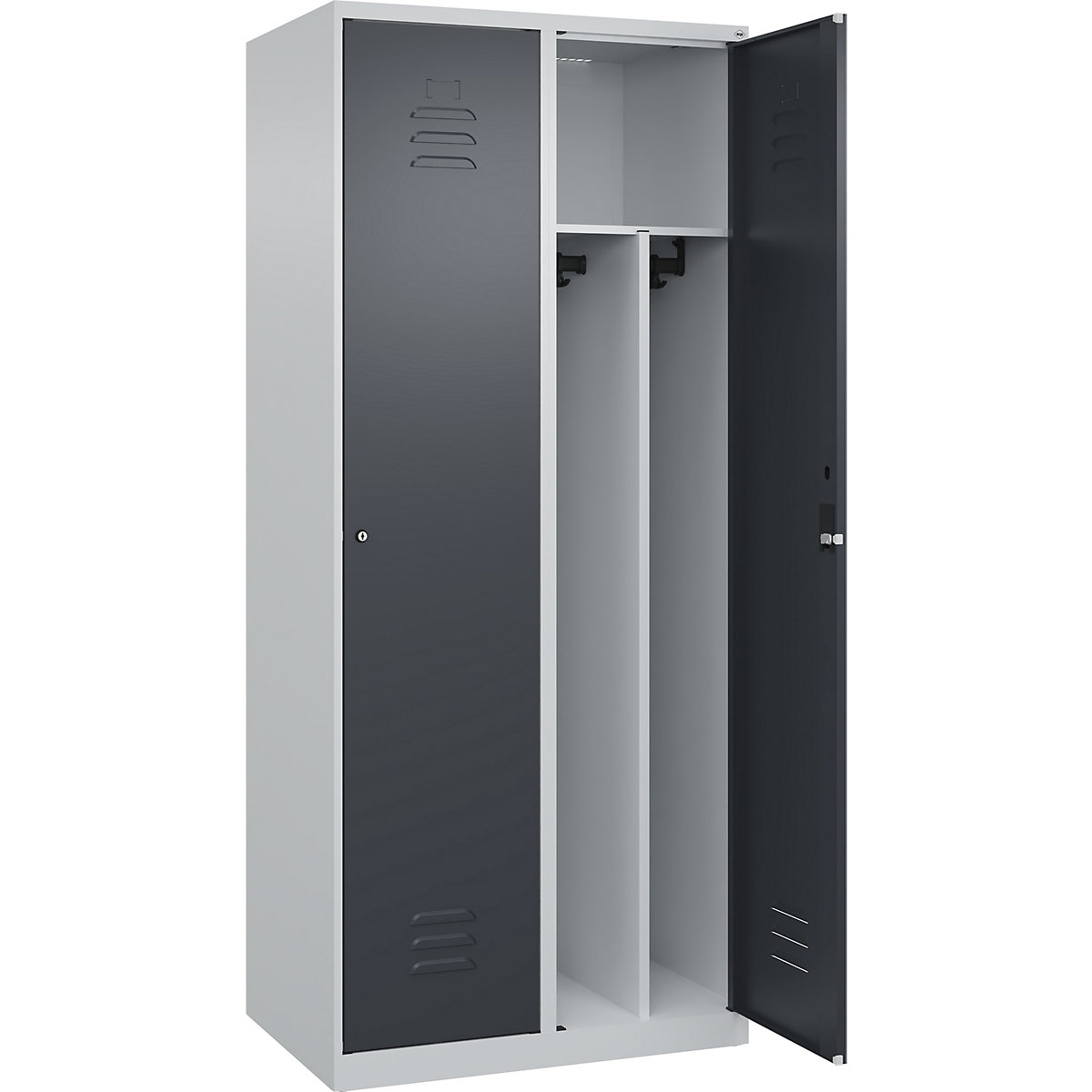 Cacifo com separação de roupa suja/limpa Classic PLUS, estreito – C+P, 2 compartimentos, divisória encurtada, cinzento claro/cinzento, L 800 mm, com sapatas, fechadura de cilindro, divisória central-0