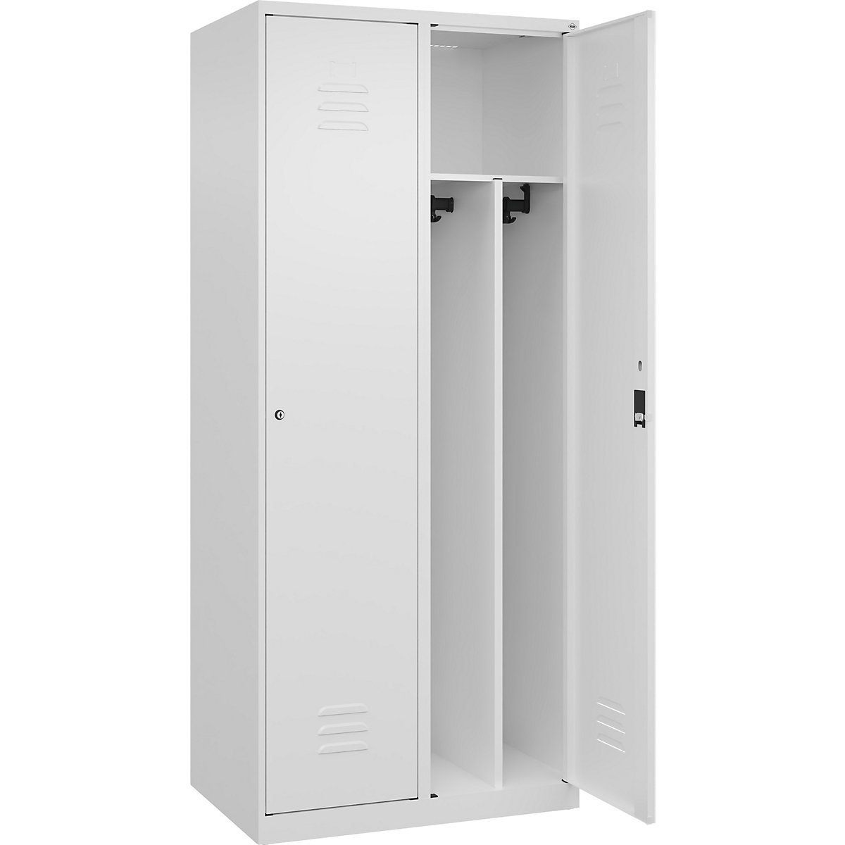 Cacifo com separação de roupa suja/limpa Classic PLUS, estreito – C+P, 2 compartimentos, divisória encurtada, branco trânsito, L 800 mm, com sapatas, fechadura de cilindro, divisória central-0