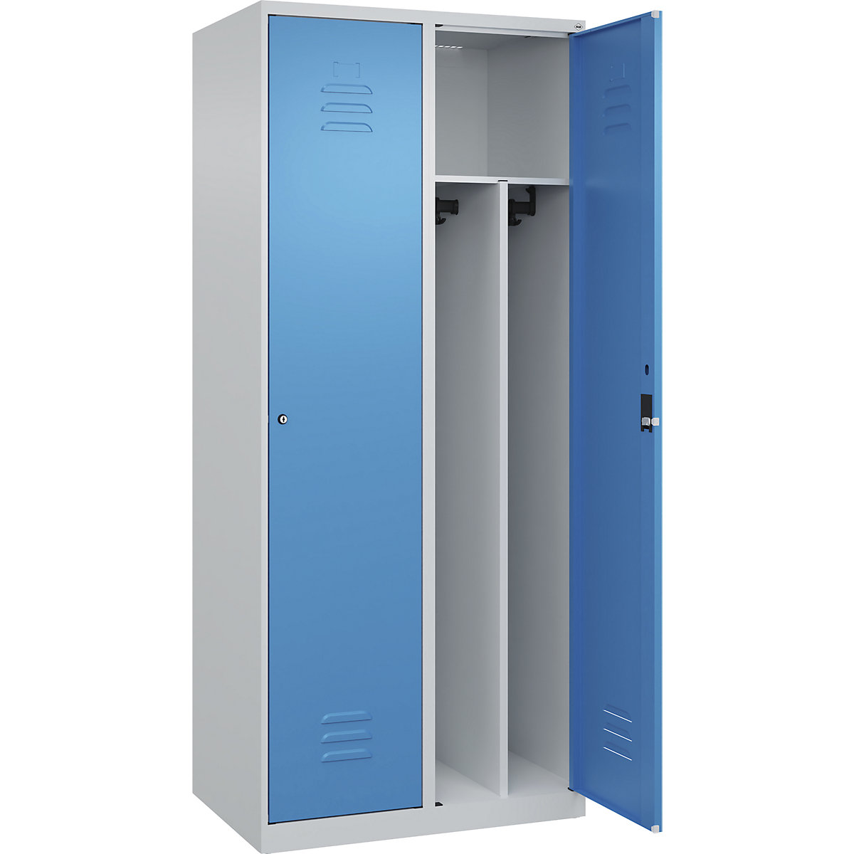 Cacifo com separação de roupa suja/limpa Classic PLUS, estreito – C+P, 2 compartimentos, divisória encurtada, cinzento claro/azul claro, L 800 mm, com sapatas, fechadura de cilindro, divisória central-0