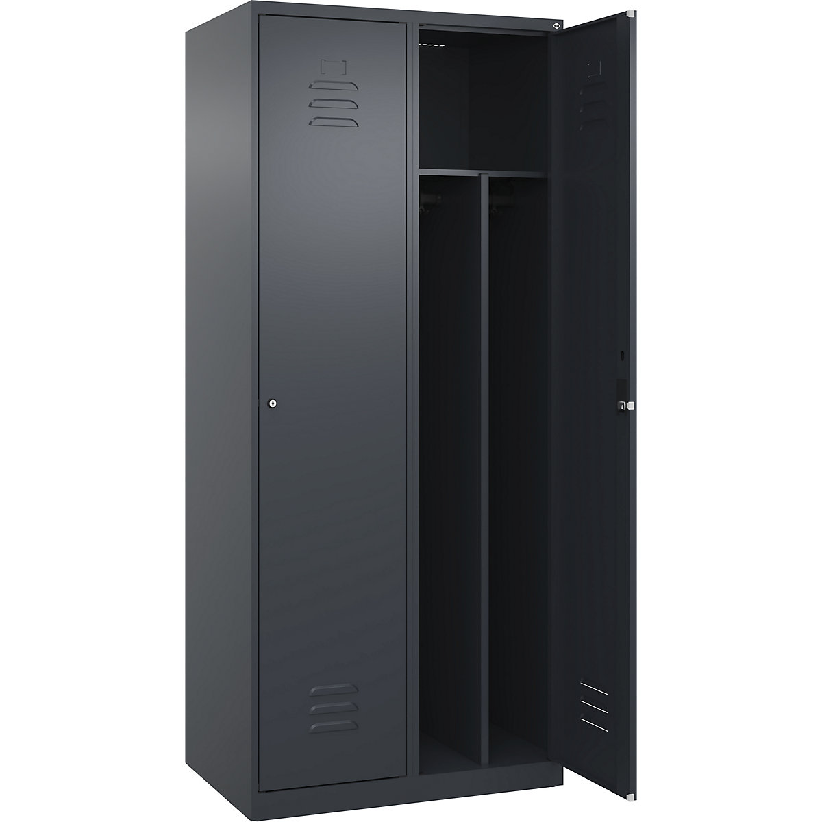 Cacifo com separação de roupa suja/limpa Classic PLUS, estreito – C+P, 2 compartimentos, divisória encurtada, cinzento, L 800 mm, com sapatas, fechadura de cilindro, divisória central-0