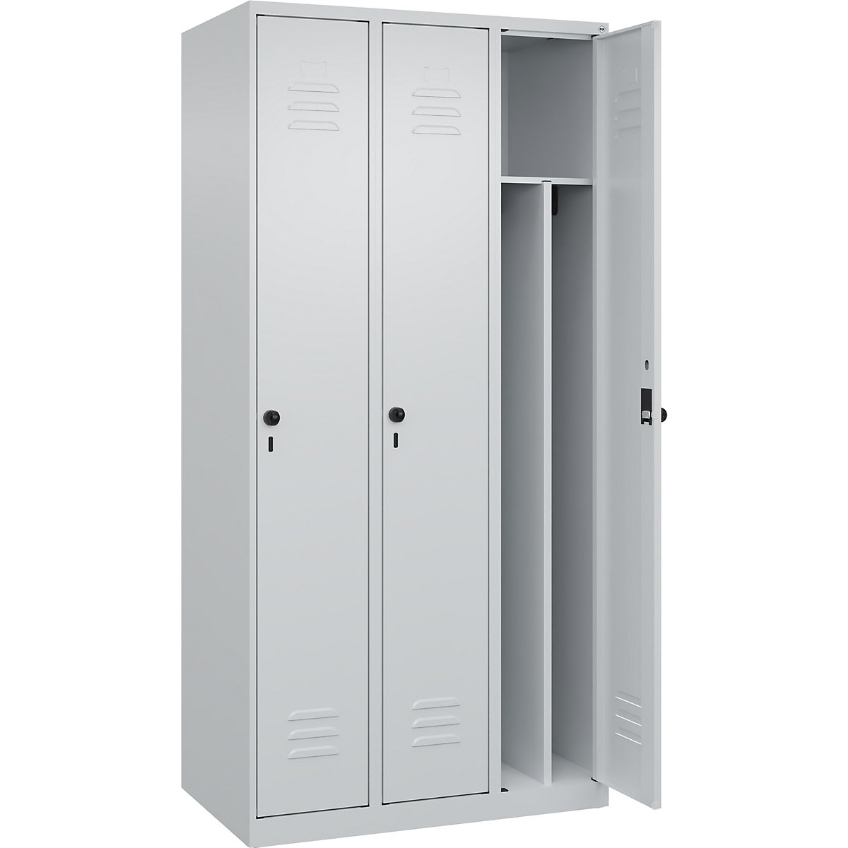 Cacifo com separação de roupa suja/limpa Classic PLUS, estreito – C+P, 3 compartimentos, divisória encurtada, cinzento claro, L 900 mm, com sapatas, trinco rotativo, divisória central-0