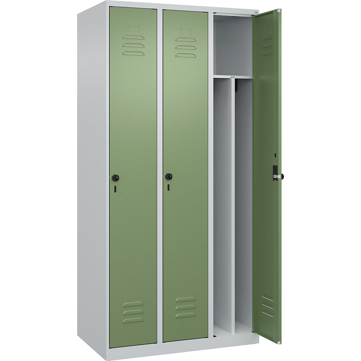 Cacifo com separação de roupa suja/limpa Classic PLUS, estreito – C+P, 3 compartimentos, divisória encurtada, cinzento claro/verde reseda, L 900 mm, com sapatas, trinco rotativo, divisória central-0