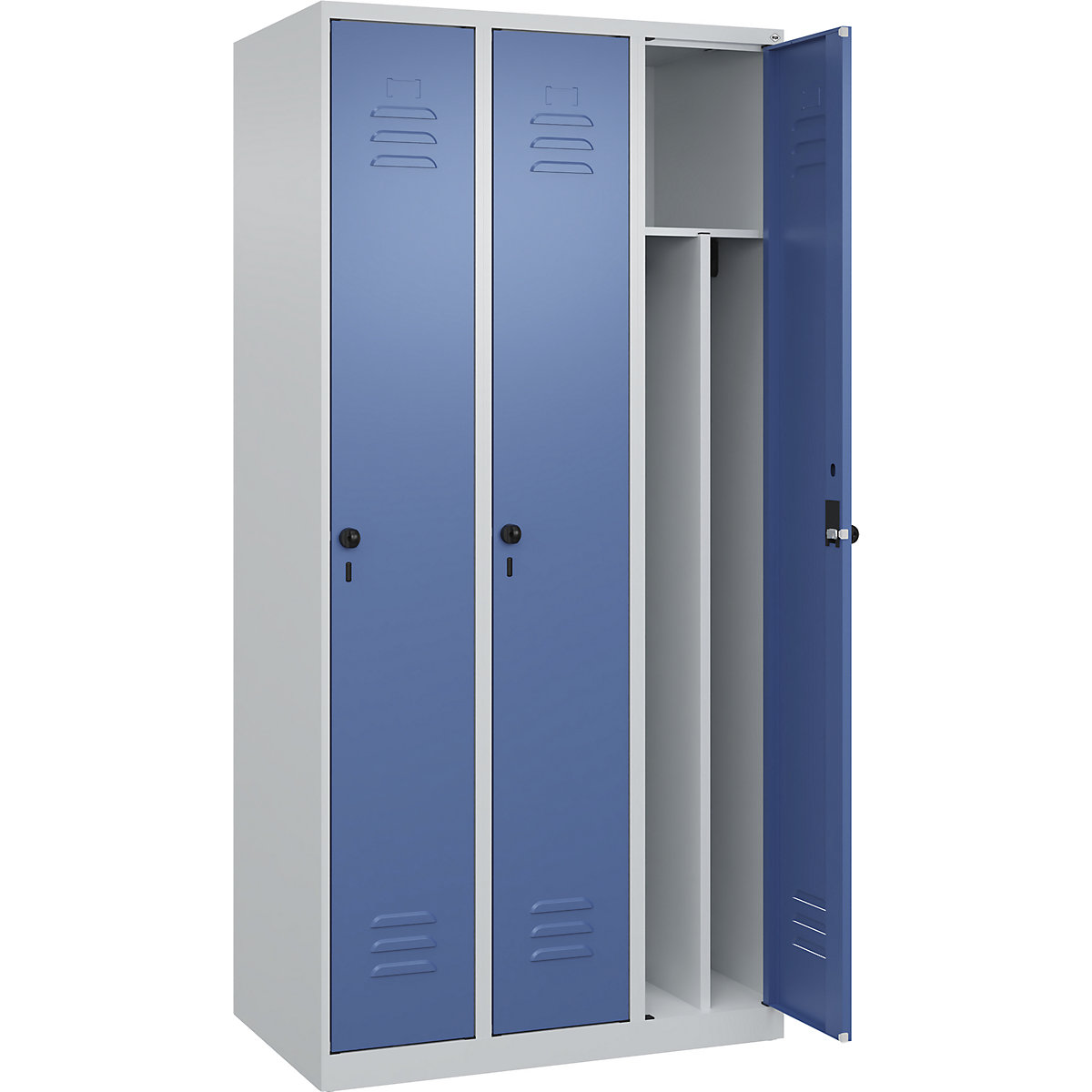 Cacifo com separação de roupa suja/limpa Classic PLUS, estreito – C+P, 3 compartimentos, divisória encurtada, cinzento claro/azul distante, L 900 mm, com sapatas, trinco rotativo, divisória central-0