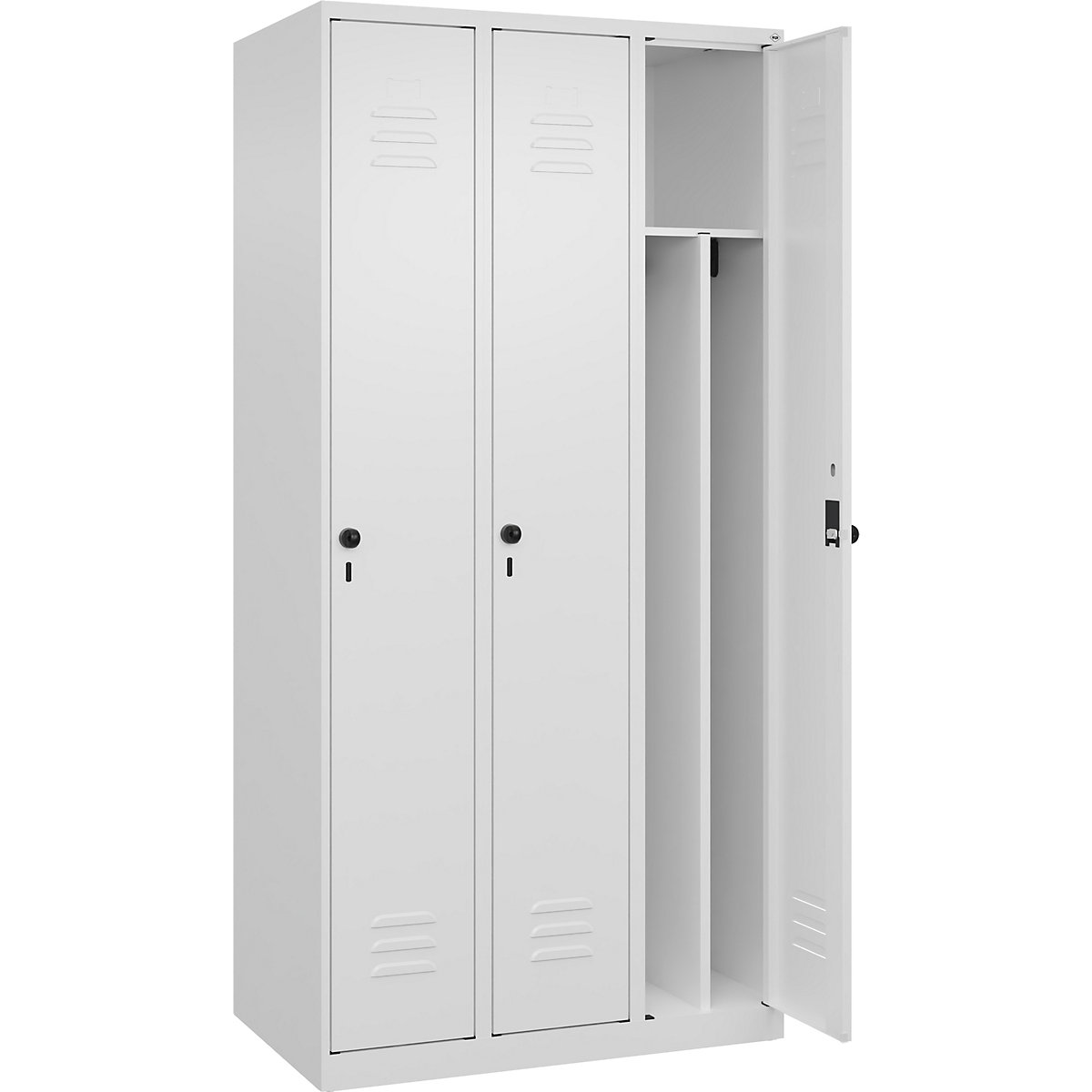 Cacifo com separação de roupa suja/limpa Classic PLUS, estreito – C+P, 3 compartimentos, divisória encurtada, branco trânsito, L 900 mm, com sapatas, trinco rotativo, divisória central-0