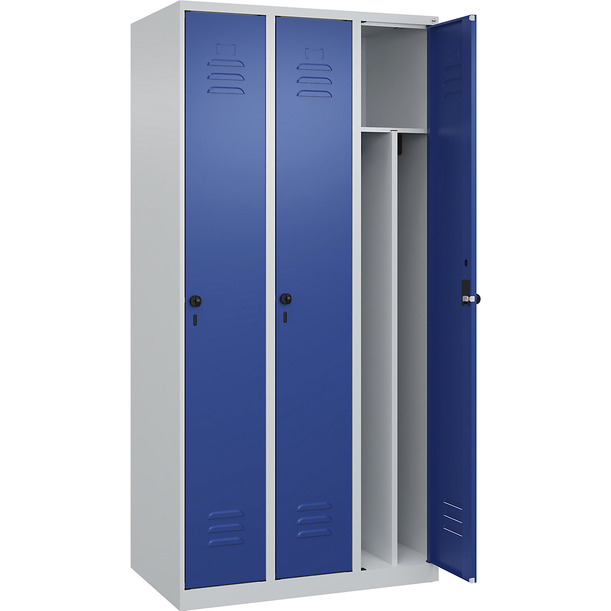 Cacifo com separação de roupa suja/limpa Classic PLUS, estreito – C+P, 3 compartimentos, divisória encurtada, cinzento claro/azul genciana, L 900 mm, com sapatas, trinco rotativo, divisória central-0