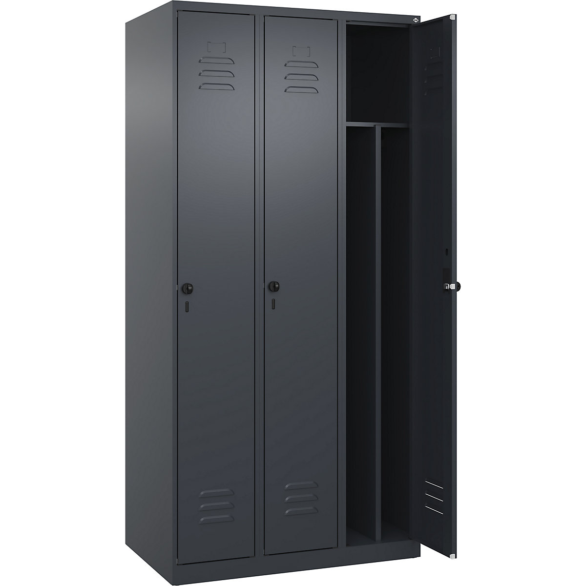 Cacifo com separação de roupa suja/limpa Classic PLUS, estreito – C+P, 3 compartimentos, divisória encurtada, cinzento, L 900 mm, com sapatas, trinco rotativo, divisória central-0