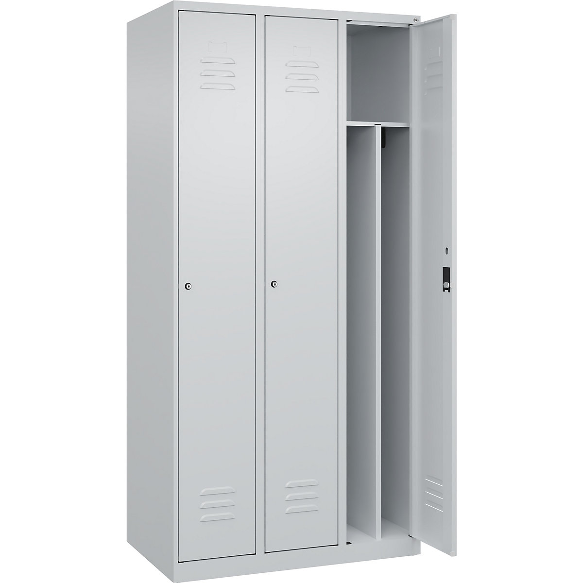 Cacifo com separação de roupa suja/limpa Classic PLUS, estreito – C+P, 3 compartimentos, divisória encurtada, cinzento claro, L 900 mm, com sapatas, fechadura de cilindro, divisória central-0