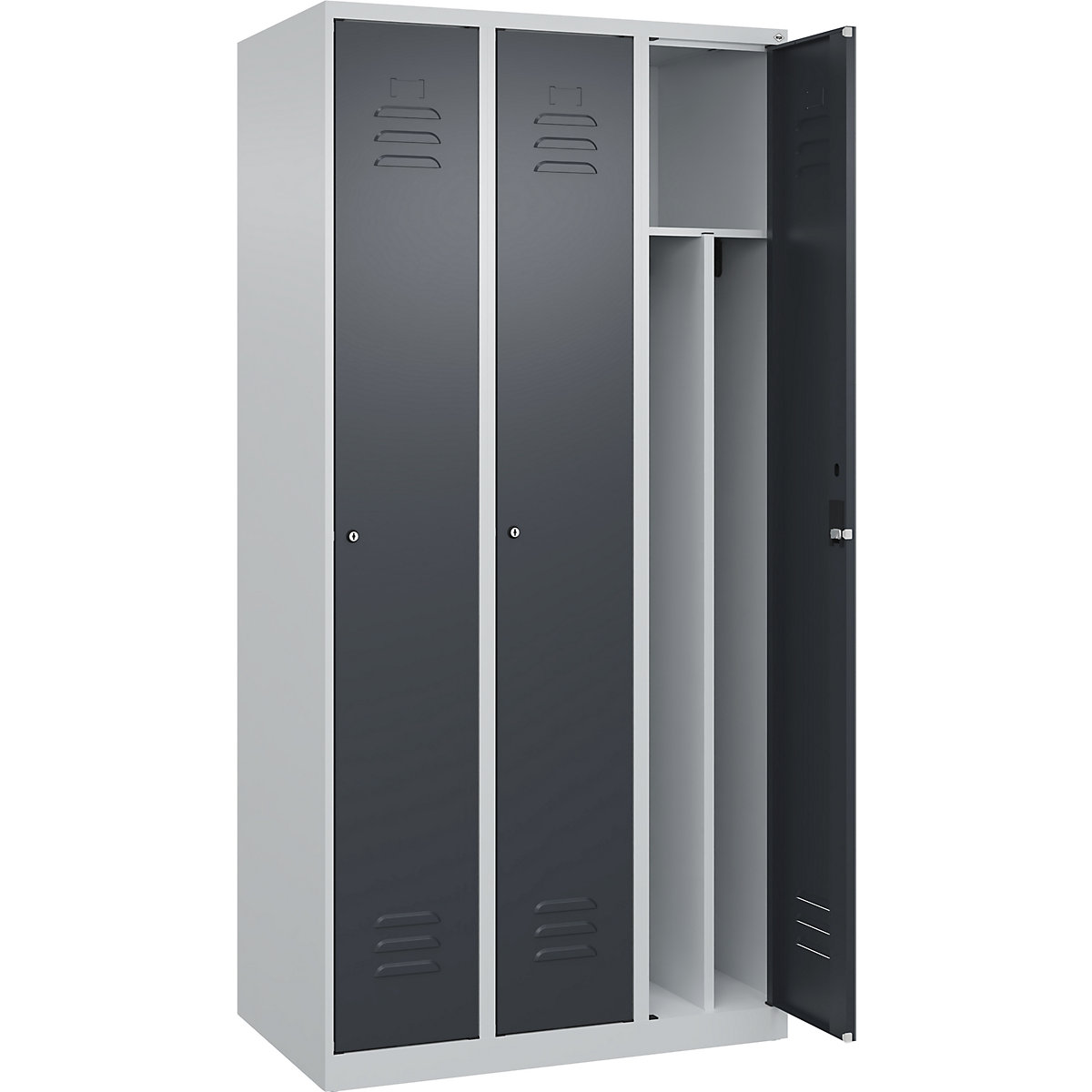 Cacifo com separação de roupa suja/limpa Classic PLUS, estreito – C+P, 3 compartimentos, divisória encurtada, cinzento claro/cinzento, L 900 mm, com sapatas, fechadura de cilindro, divisória central-0