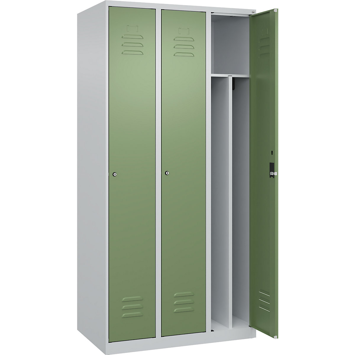 Cacifo com separação de roupa suja/limpa Classic PLUS, estreito – C+P, 3 compartimentos, divisória encurtada, cinzento claro/verde reseda, L 900 mm, com sapatas, fechadura de cilindro, divisória central-0
