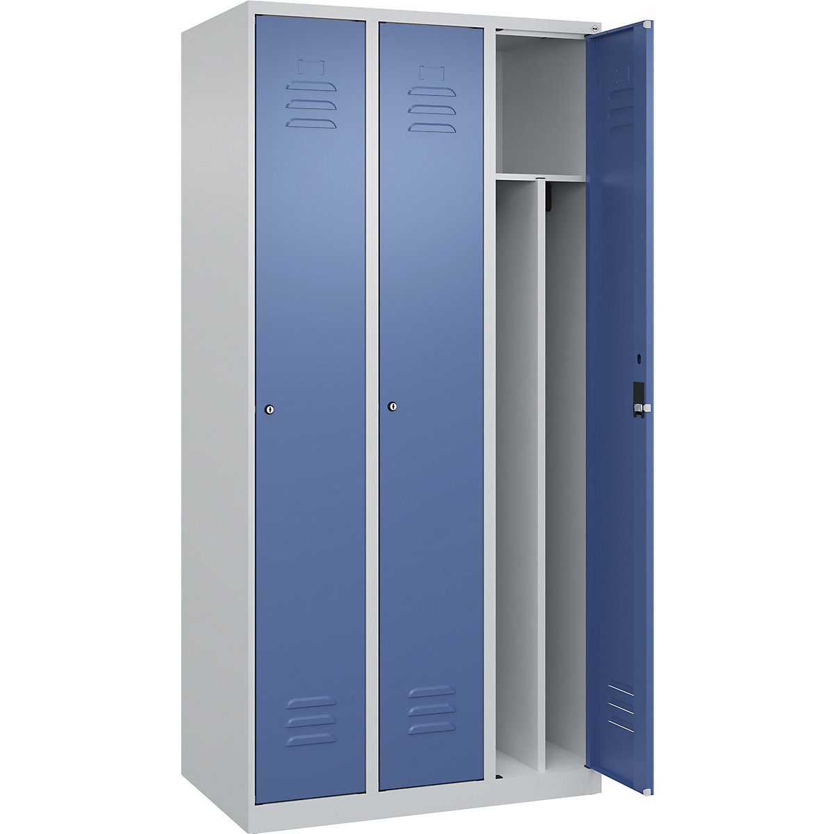 Cacifo com separação de roupa suja/limpa Classic PLUS, estreito – C+P, 3 compartimentos, divisória encurtada, cinzento claro/azul distante, L 900 mm, com sapatas, fechadura de cilindro, divisória central-0