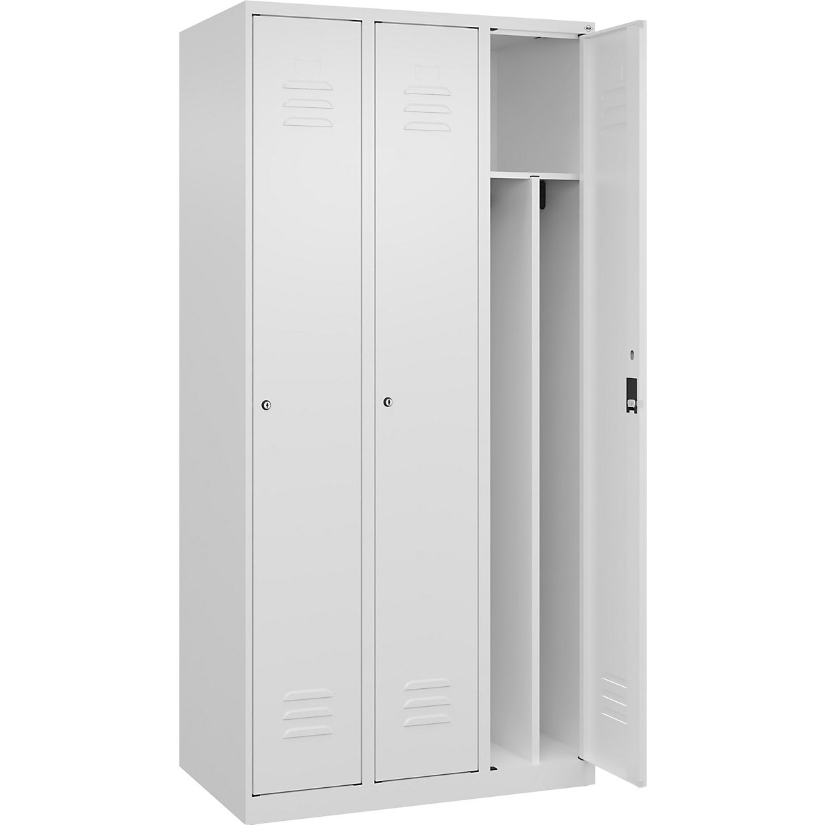 Cacifo com separação de roupa suja/limpa Classic PLUS, estreito – C+P, 3 compartimentos, divisória encurtada, branco trânsito, L 900 mm, com sapatas, fechadura de cilindro, divisória central-0