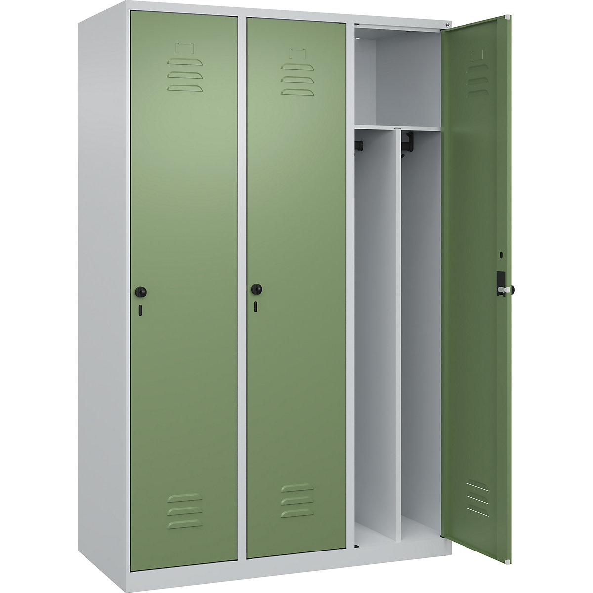 Cacifo com separação de roupa suja/limpa Classic PLUS, estreito – C+P, 3 compartimentos, divisória encurtada, cinzento claro/verde reseda, L 1200 mm, com sapatas, trinco rotativo, divisória central-0