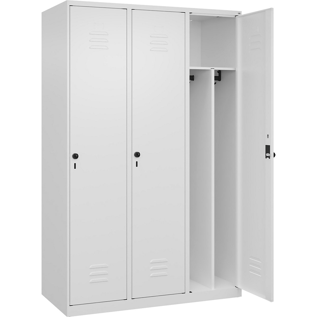 Cacifo com separação de roupa suja/limpa Classic PLUS, estreito – C+P, 3 compartimentos, divisória encurtada, branco trânsito, L 1200 mm, com sapatas, trinco rotativo, divisória central-0