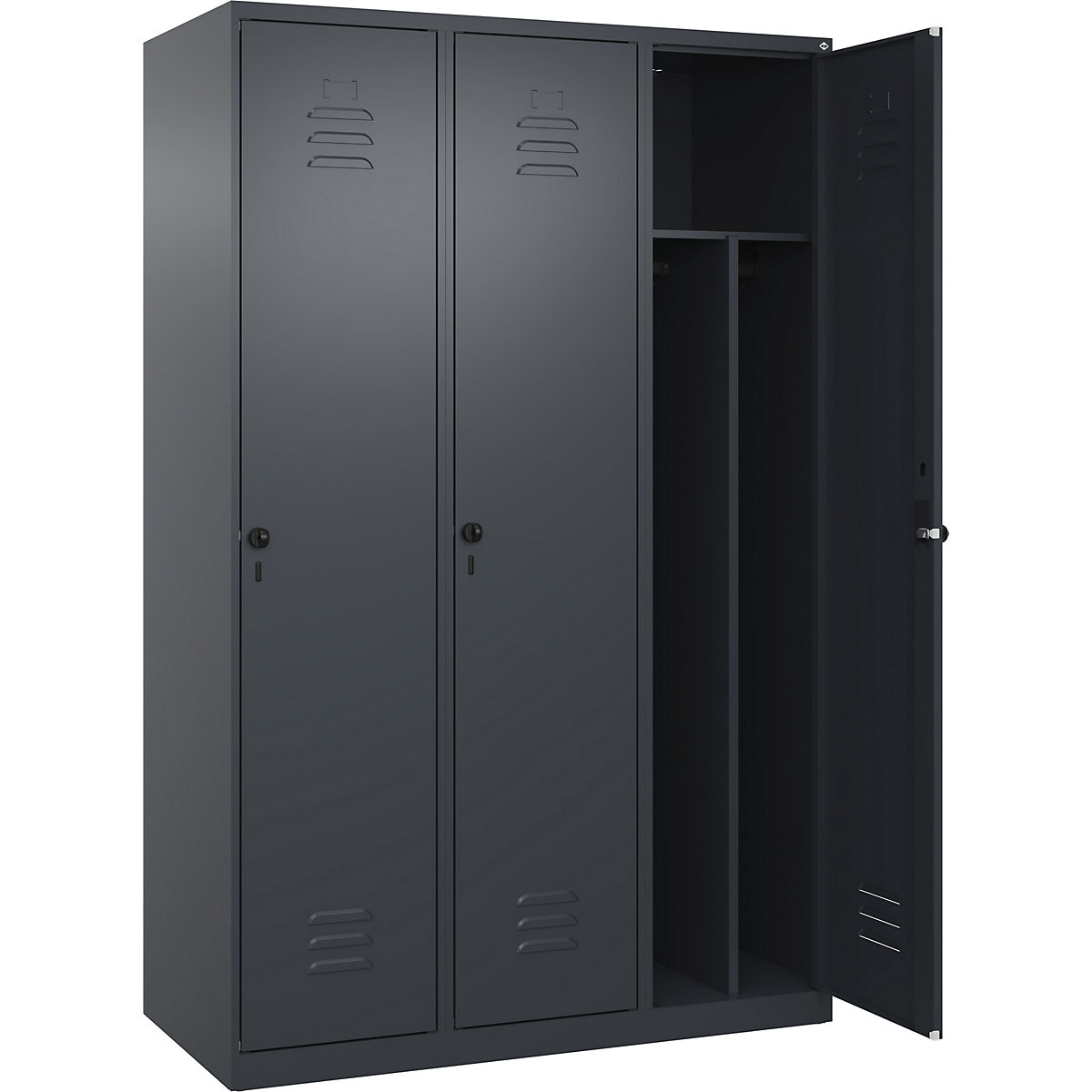 Cacifo com separação de roupa suja/limpa Classic PLUS, estreito – C+P, 3 compartimentos, divisória encurtada, cinzento, L 1200 mm, com sapatas, trinco rotativo, divisória central-0
