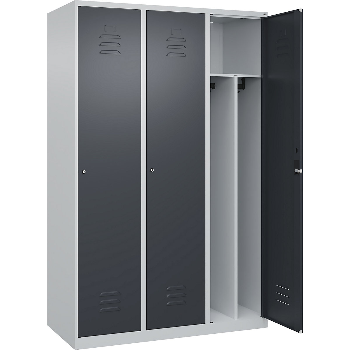 Cacifo com separação de roupa suja/limpa Classic PLUS, estreito – C+P, 3 compartimentos, divisória encurtada, cinzento claro/cinzento, L 1200 mm, com sapatas, fechadura de cilindro, divisória central-0