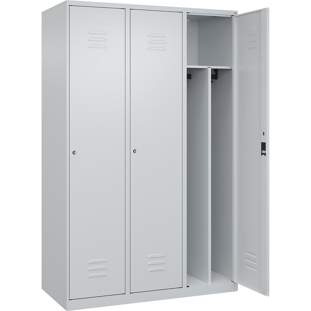 Cacifo com separação de roupa suja/limpa Classic PLUS, estreito – C+P, 3 compartimentos, divisória encurtada, cinzento claro, L 1200 mm, com sapatas, fechadura de cilindro, divisória central-0