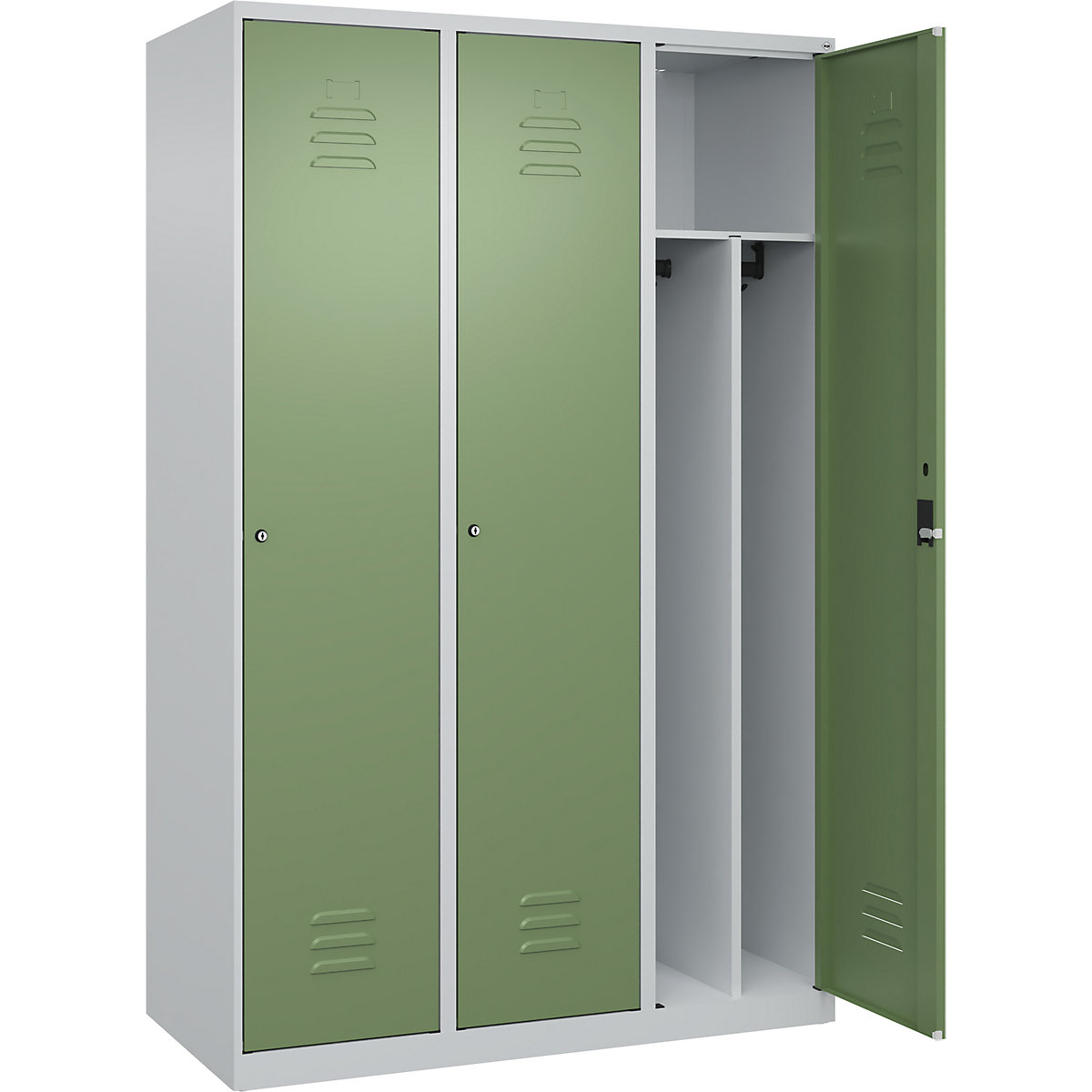 Cacifo com separação de roupa suja/limpa Classic PLUS, estreito – C+P, 3 compartimentos, divisória encurtada, cinzento claro/verde reseda, L 1200 mm, com sapatas, fechadura de cilindro, divisória central-0