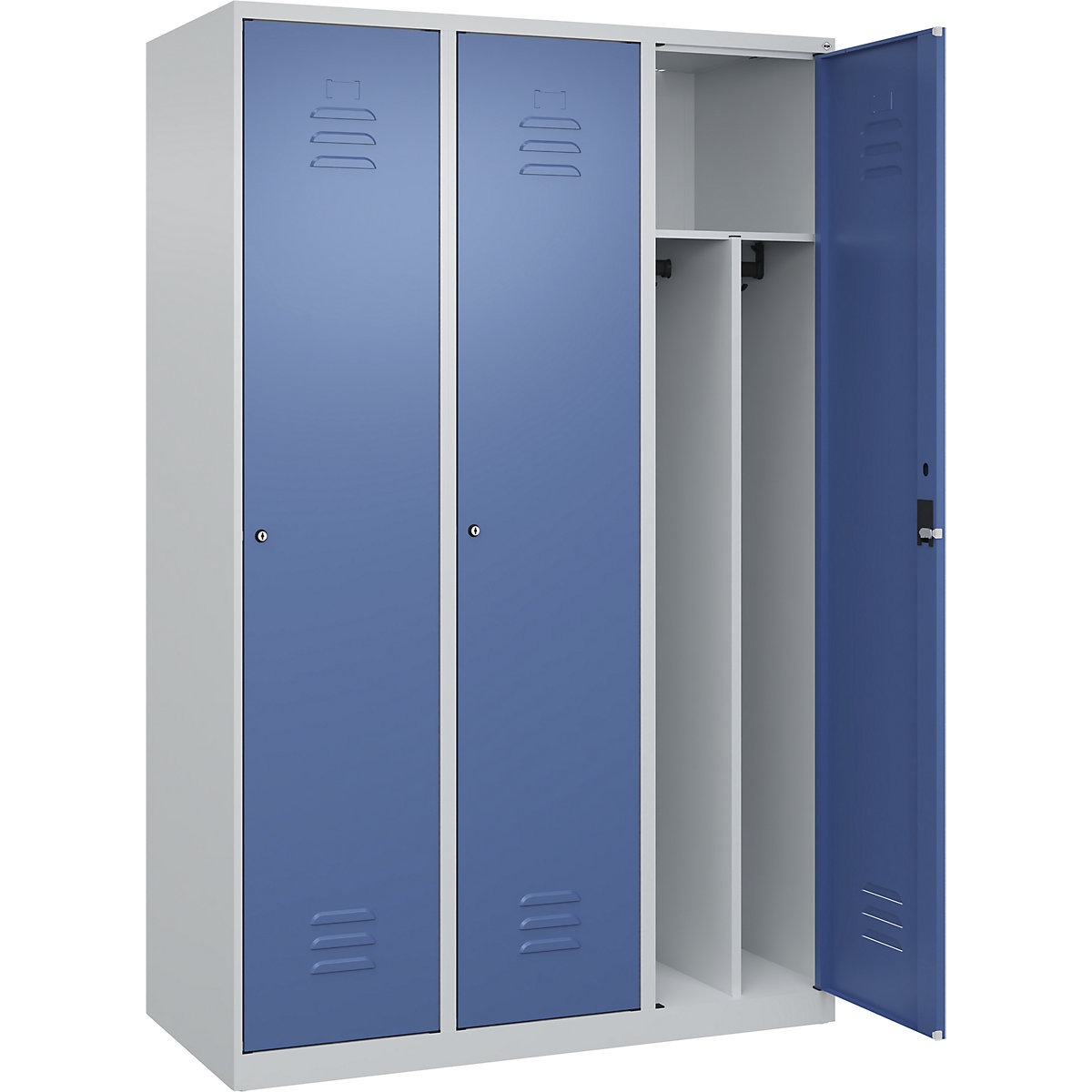 Cacifo com separação de roupa suja/limpa Classic PLUS, estreito – C+P, 3 compartimentos, divisória encurtada, cinzento claro/azul distante, L 1200 mm, com sapatas, fechadura de cilindro, divisória central-0