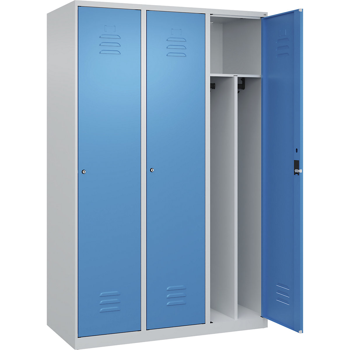 Cacifo com separação de roupa suja/limpa Classic PLUS, estreito – C+P, 3 compartimentos, divisória encurtada, cinzento claro/azul claro, L 1200 mm, com sapatas, fechadura de cilindro, divisória central-0