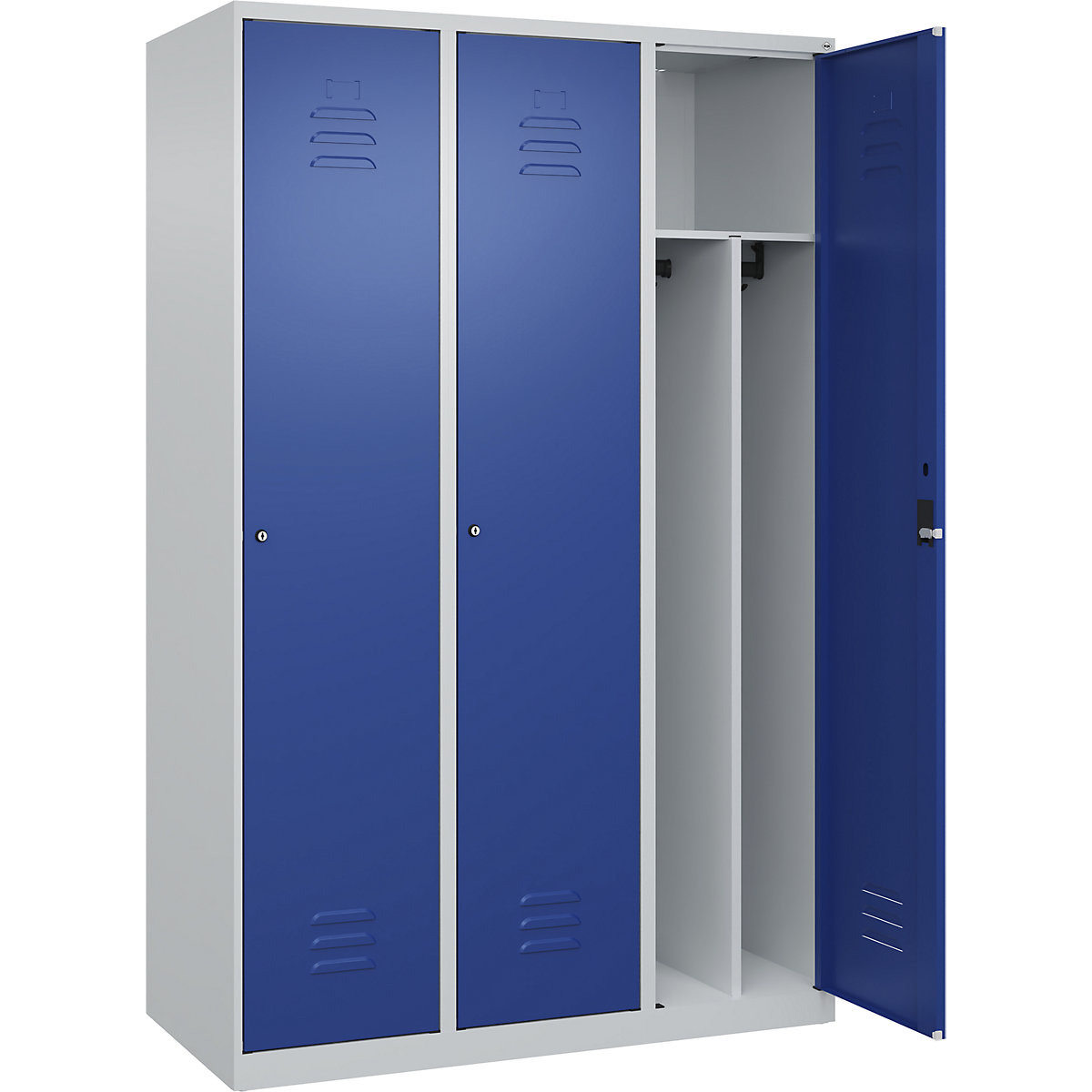 Cacifo com separação de roupa suja/limpa Classic PLUS, estreito – C+P, 3 compartimentos, divisória encurtada, cinzento claro/azul genciana, L 1200 mm, com sapatas, fechadura de cilindro, divisória central-0