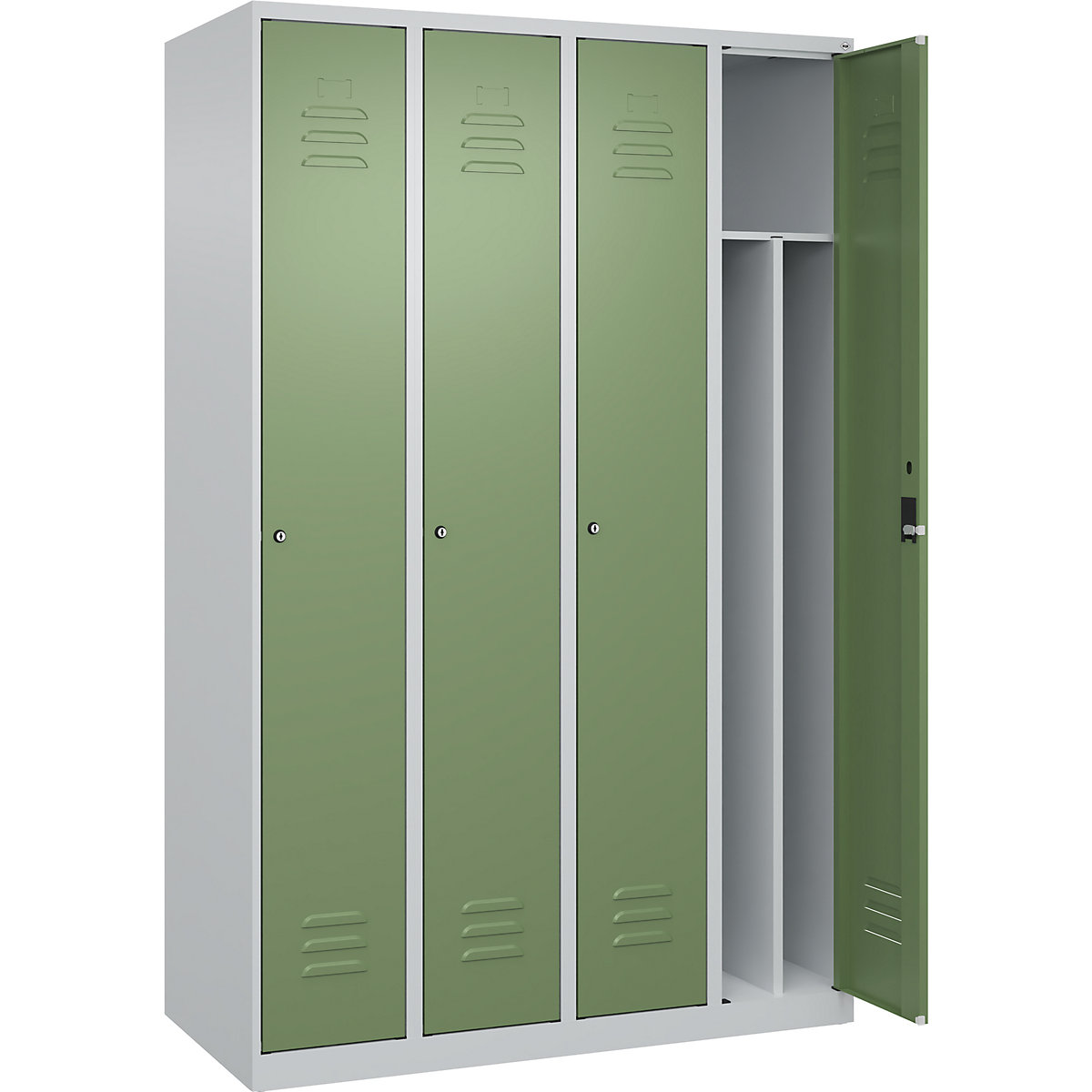 Cacifo com separação de roupa suja/limpa Classic PLUS, estreito – C+P, 4 compartimentos, divisória encurtada, cinzento claro/verde reseda, L 1200 mm, com sapatas, fechadura de cilindro, divisória central-0