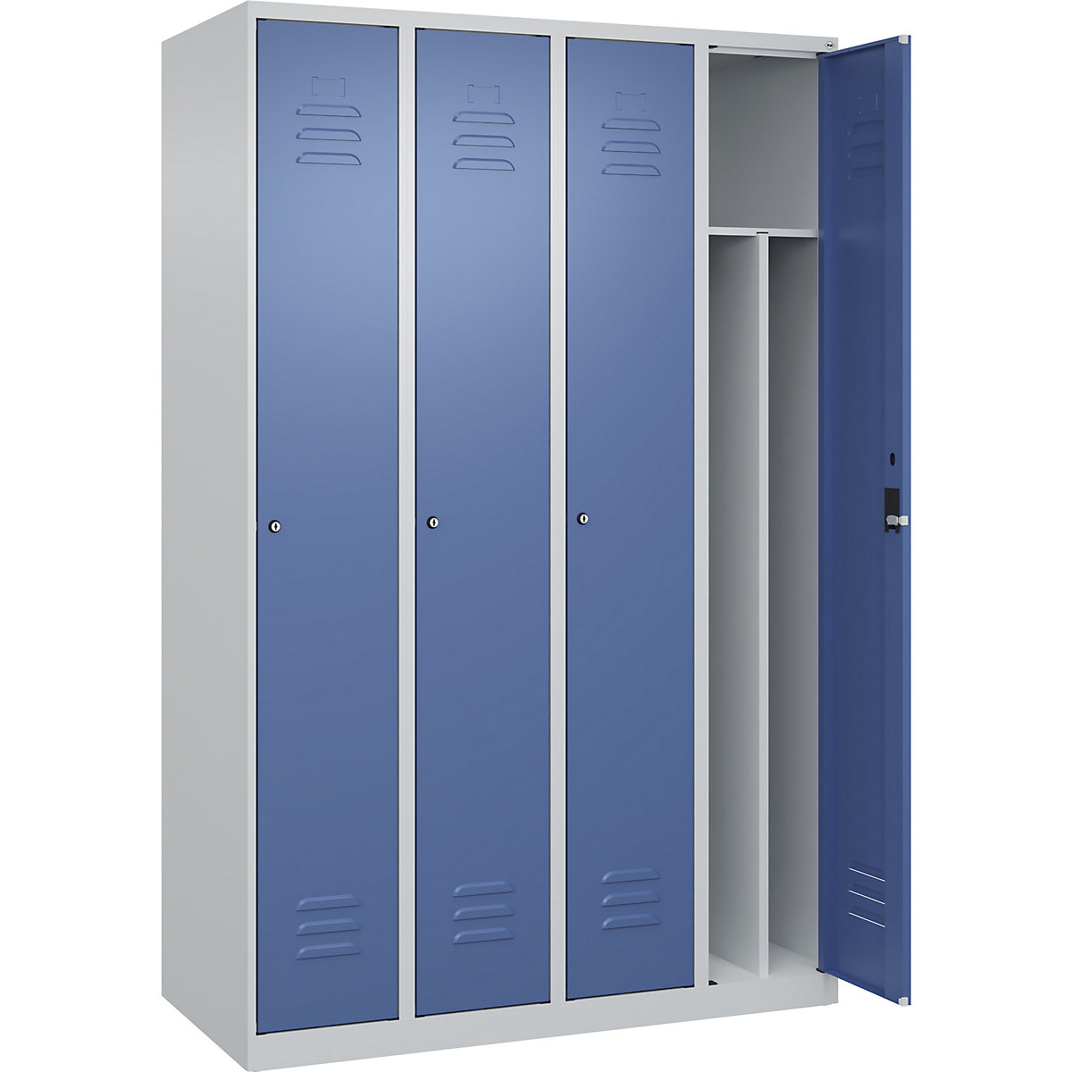 Cacifo com separação de roupa suja/limpa Classic PLUS, estreito – C+P, 4 compartimentos, divisória encurtada, cinzento claro/azul distante, L 1200 mm, com sapatas, fechadura de cilindro, divisória central-0