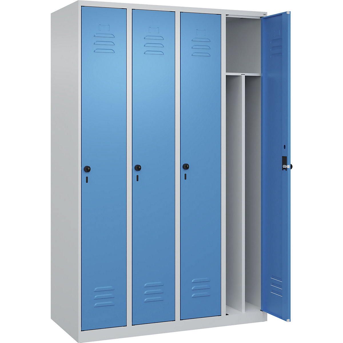 Cacifo com separação de roupa suja/limpa Classic PLUS, estreito – C+P, 4 compartimentos, divisória encurtada, cinzento claro/azul claro, L 1200 mm, com sapatas, trinco rotativo, divisória central-0