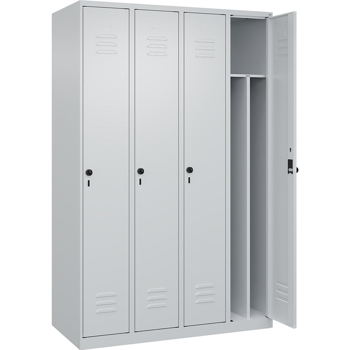 Cacifo com separação de roupa suja/limpa Classic PLUS, estreito – C+P, 4 compartimentos, divisória encurtada, cinzento claro, L 1200 mm, com sapatas, trinco rotativo, divisória central-0