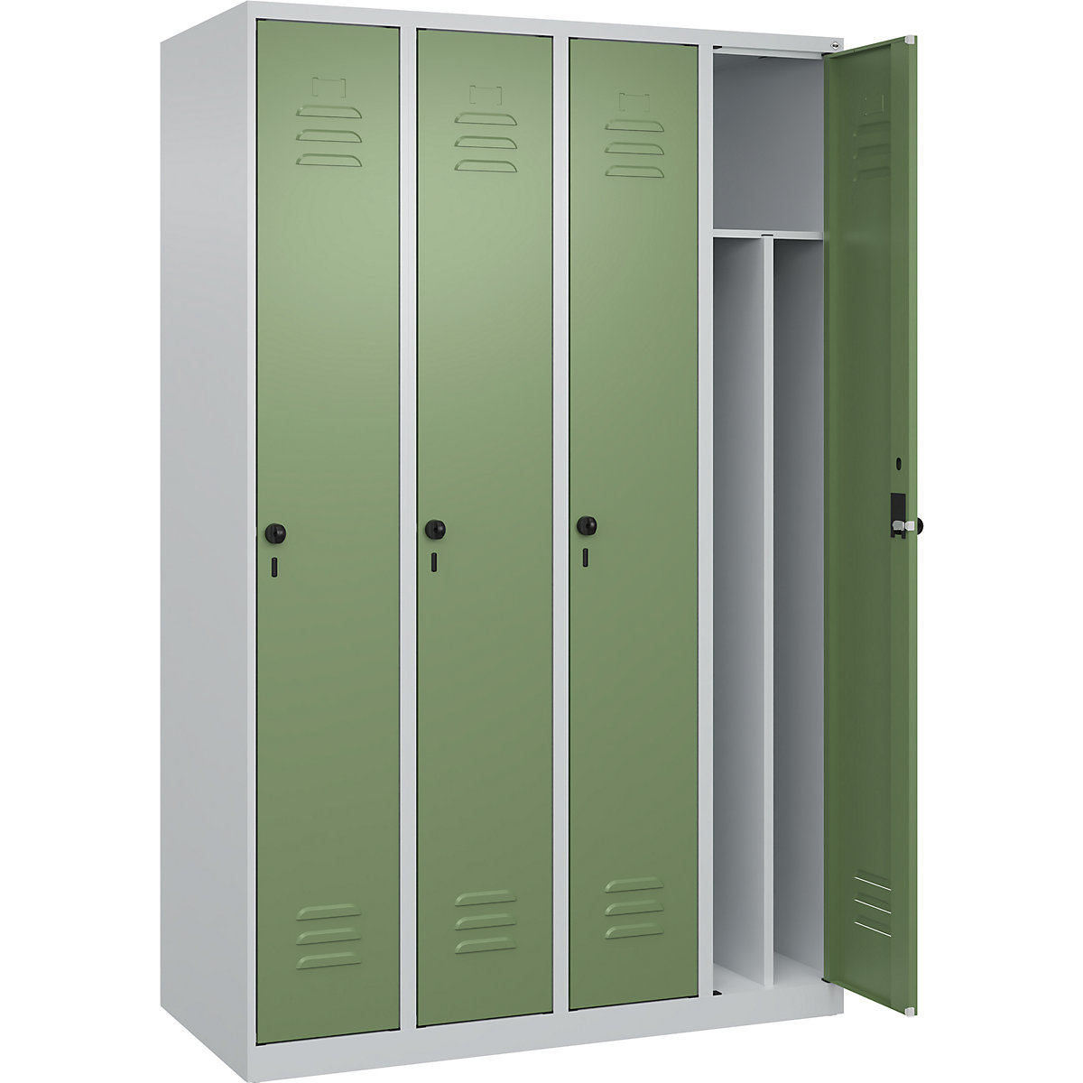 Cacifo com separação de roupa suja/limpa Classic PLUS, estreito – C+P, 4 compartimentos, divisória encurtada, cinzento claro/verde reseda, L 1200 mm, com sapatas, trinco rotativo, divisória central-0