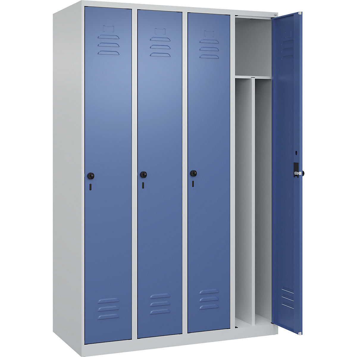 Cacifo com separação de roupa suja/limpa Classic PLUS, estreito – C+P, 4 compartimentos, divisória encurtada, cinzento claro/azul distante, L 1200 mm, com sapatas, trinco rotativo, divisória central-0