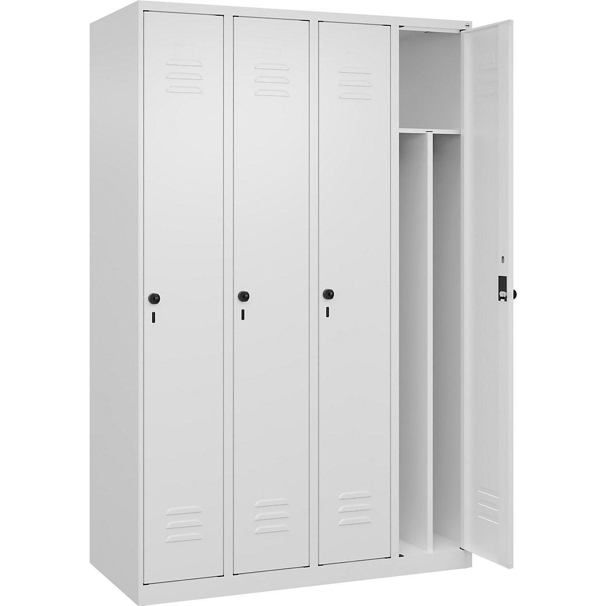 Cacifo com separação de roupa suja/limpa Classic PLUS, estreito – C+P, 4 compartimentos, divisória encurtada, branco trânsito, L 1200 mm, com sapatas, trinco rotativo, divisória central-0