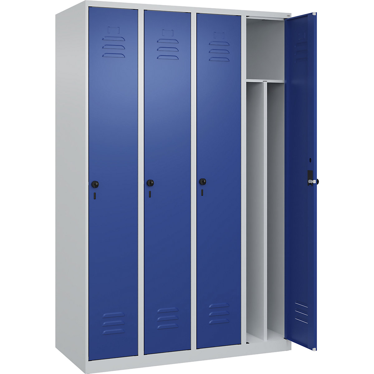 Cacifo com separação de roupa suja/limpa Classic PLUS, estreito – C+P, 4 compartimentos, divisória encurtada, cinzento claro/azul genciana, L 1200 mm, com sapatas, trinco rotativo, divisória central-0
