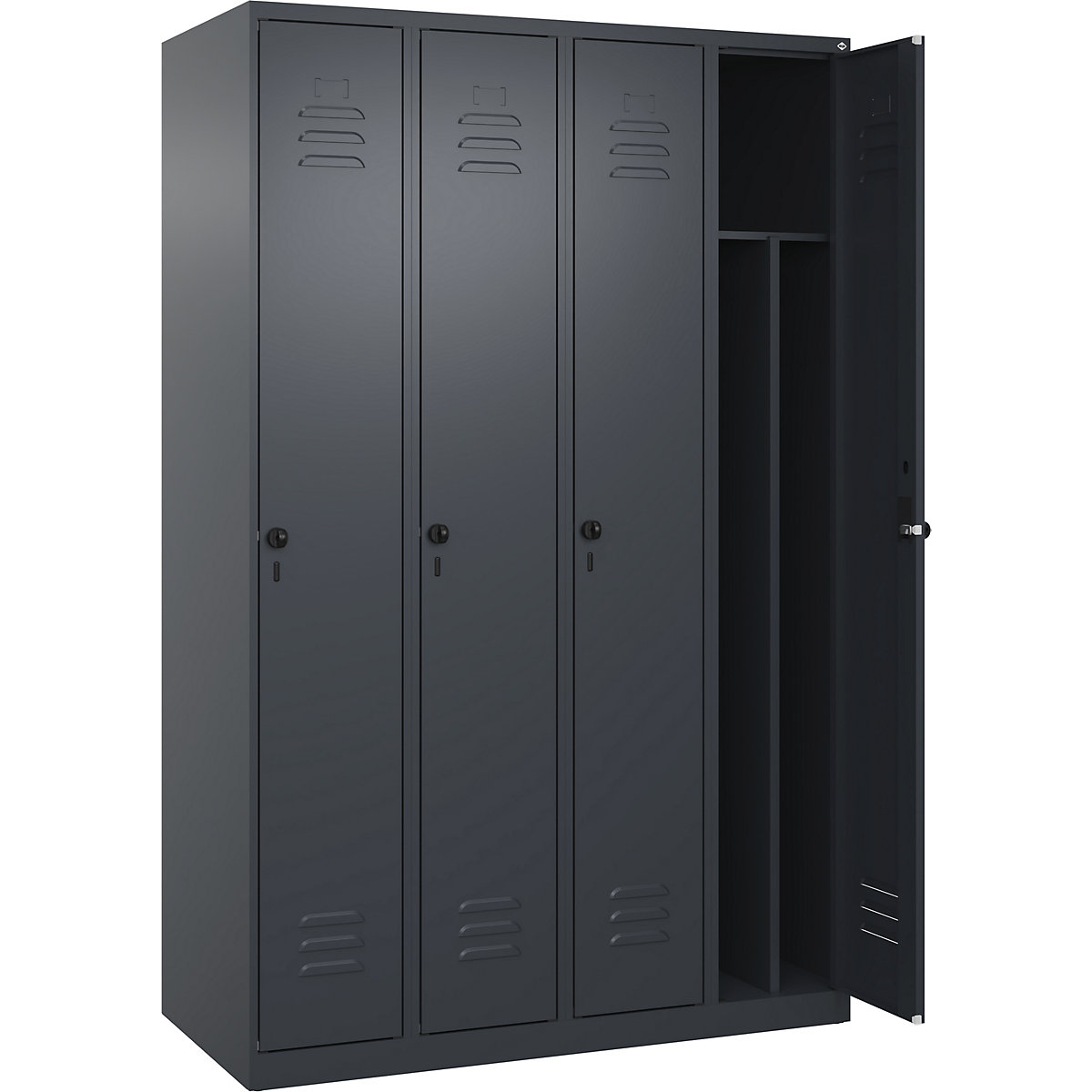 Cacifo com separação de roupa suja/limpa Classic PLUS, estreito – C+P, 4 compartimentos, divisória encurtada, cinzento, L 1200 mm, com sapatas, trinco rotativo, divisória central-0