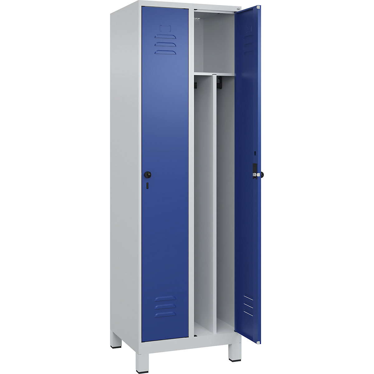 Cacifo com separação de roupa suja/limpa Classic PLUS, estreito – C+P, 2 compartimentos, divisória encurtada, cinzento claro/azul genciana, L 600 mm, com pés, trinco rotativo, divisória central-0