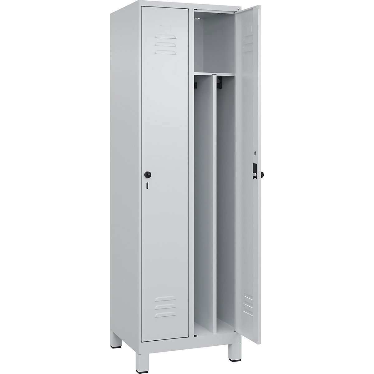 Cacifo com separação de roupa suja/limpa Classic PLUS, estreito – C+P, 2 compartimentos, divisória encurtada, cinzento claro, L 600 mm, com pés, trinco rotativo, divisória central-0