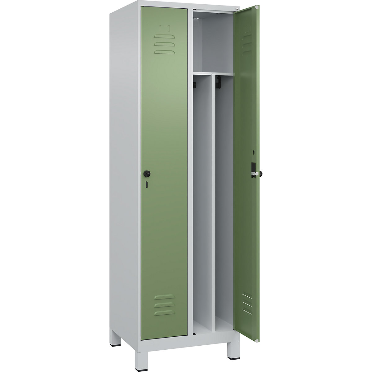 Cacifo com separação de roupa suja/limpa Classic PLUS, estreito – C+P, 2 compartimentos, divisória encurtada, cinzento claro/verde reseda, L 600 mm, com pés, trinco rotativo, divisória central-0