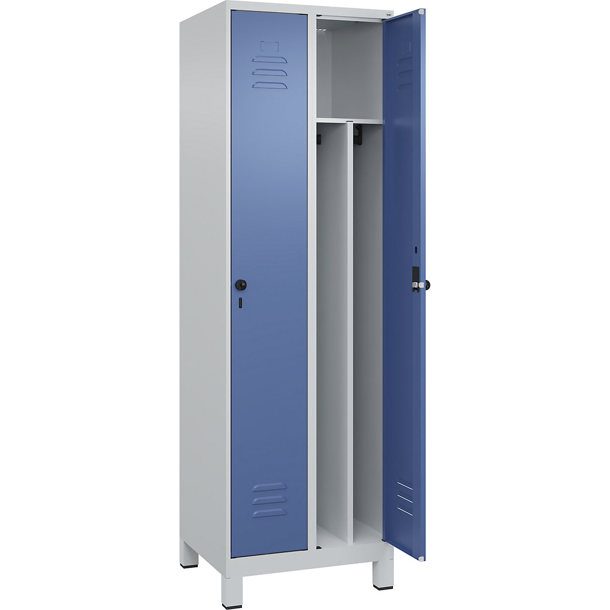 Cacifo com separação de roupa suja/limpa Classic PLUS, estreito – C+P, 2 compartimentos, divisória encurtada, cinzento claro/azul distante, L 600 mm, com pés, trinco rotativo, divisória central-0