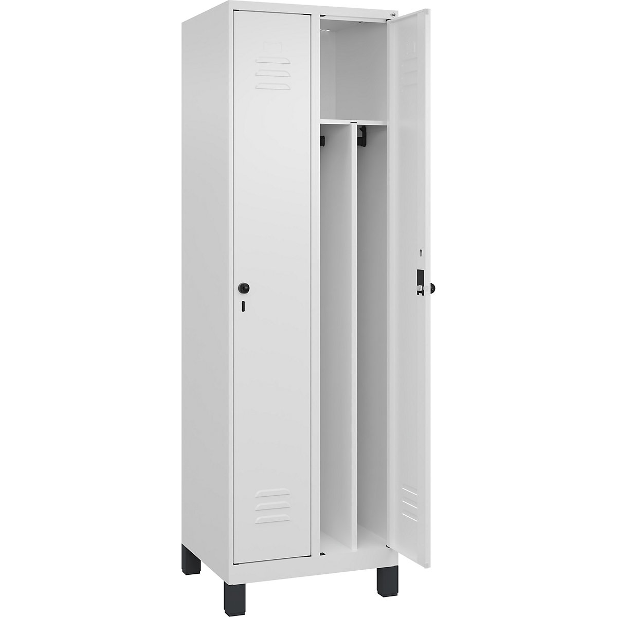 Cacifo com separação de roupa suja/limpa Classic PLUS, estreito – C+P, 2 compartimentos, divisória encurtada, branco trânsito, L 600 mm, com pés, trinco rotativo, divisória central-0
