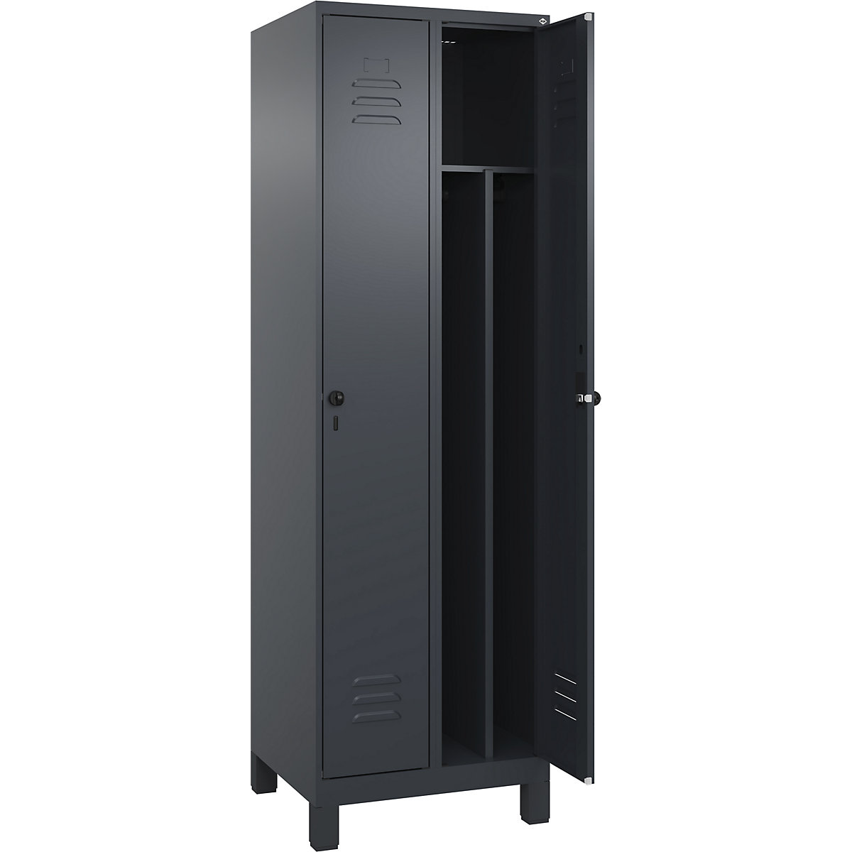 Cacifo com separação de roupa suja/limpa Classic PLUS, estreito – C+P, 2 compartimentos, divisória encurtada, cinzento, L 600 mm, com pés, trinco rotativo, divisória central-0