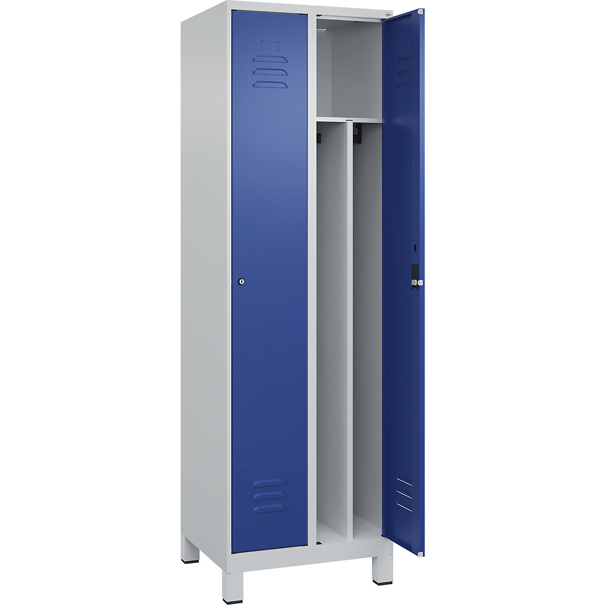 Cacifo com separação de roupa suja/limpa Classic PLUS, estreito – C+P, 2 compartimentos, divisória encurtada, cinzento claro/azul genciana, L 600 mm, com pés, fechadura de cilindro, divisória central-0