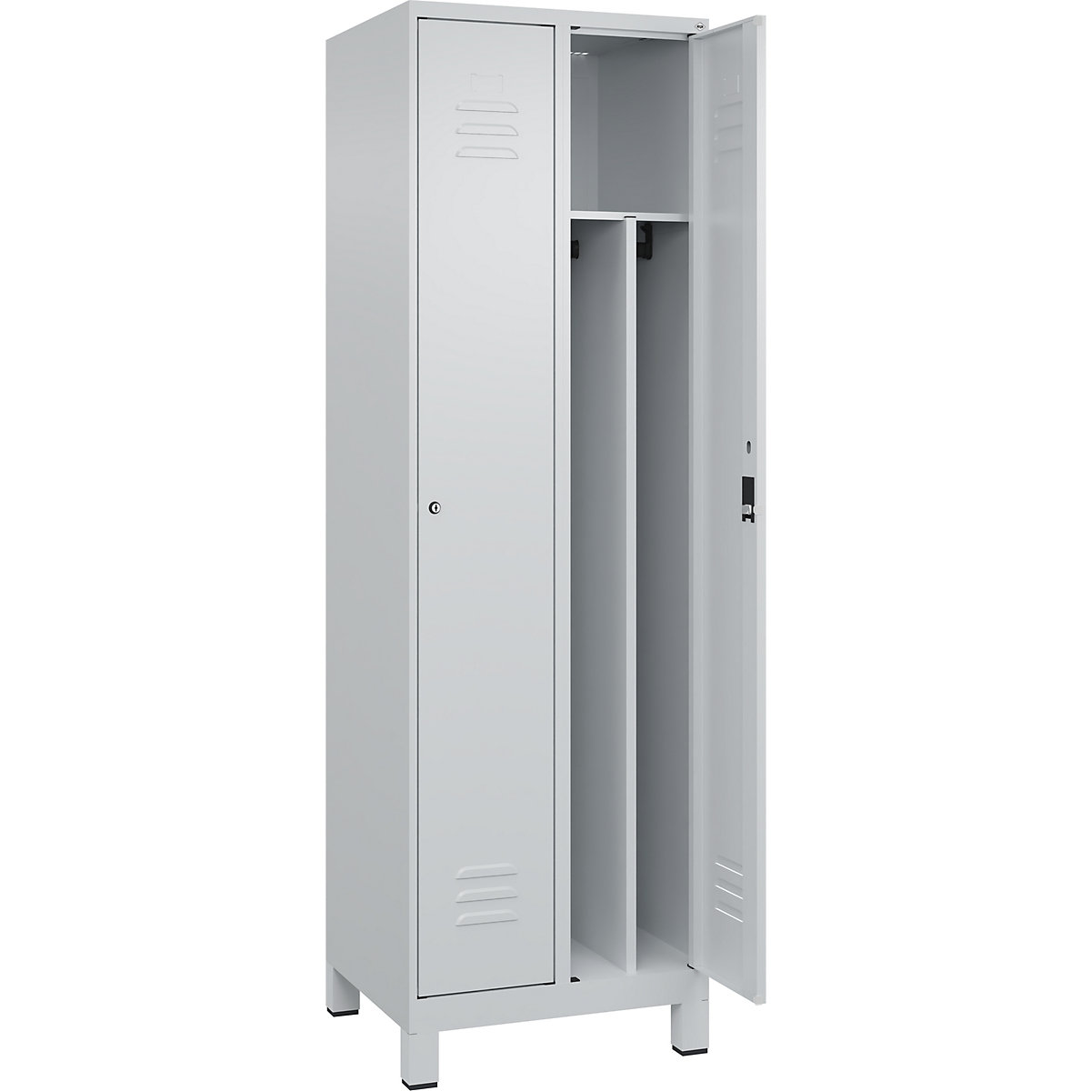 Cacifo com separação de roupa suja/limpa Classic PLUS, estreito – C+P, 2 compartimentos, divisória encurtada, cinzento claro, L 600 mm, com pés, fechadura de cilindro, divisória central-0