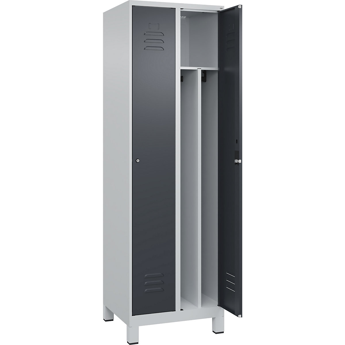 Cacifo com separação de roupa suja/limpa Classic PLUS, estreito – C+P, 2 compartimentos, divisória encurtada, cinzento claro/cinzento, L 600 mm, com pés, fechadura de cilindro, divisória central-0
