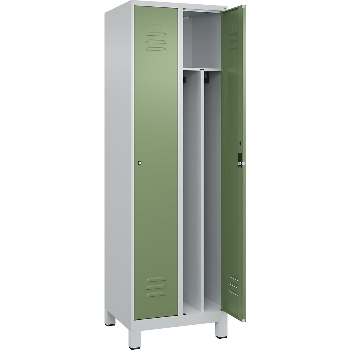 Cacifo com separação de roupa suja/limpa Classic PLUS, estreito – C+P, 2 compartimentos, divisória encurtada, cinzento claro/verde reseda, L 600 mm, com pés, fechadura de cilindro, divisória central-0