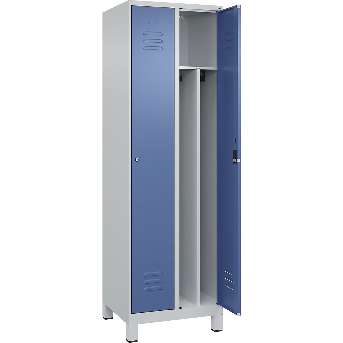 Cacifo com separação de roupa suja/limpa Classic PLUS, estreito – C+P, 2 compartimentos, divisória encurtada, cinzento claro/azul distante, L 600 mm, com pés, fechadura de cilindro, divisória central-0