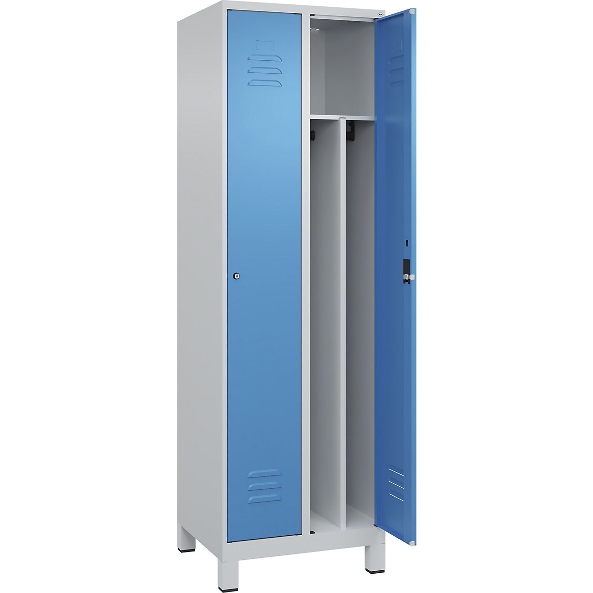 Cacifo com separação de roupa suja/limpa Classic PLUS, estreito – C+P, 2 compartimentos, divisória encurtada, cinzento claro/azul claro, L 600 mm, com pés, fechadura de cilindro, divisória central-0